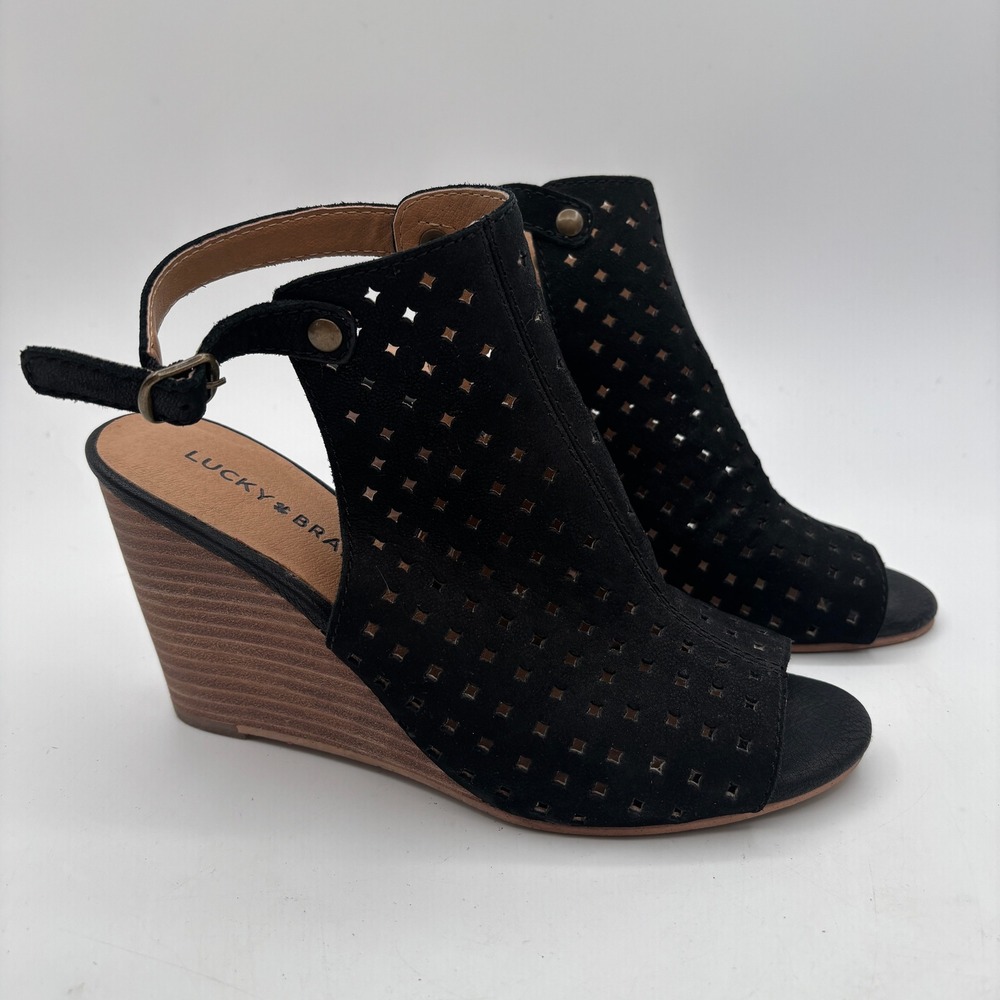 Lucky Brand Wedge Sandals Womens 7.5 Suede Laser Cut Peep Toe